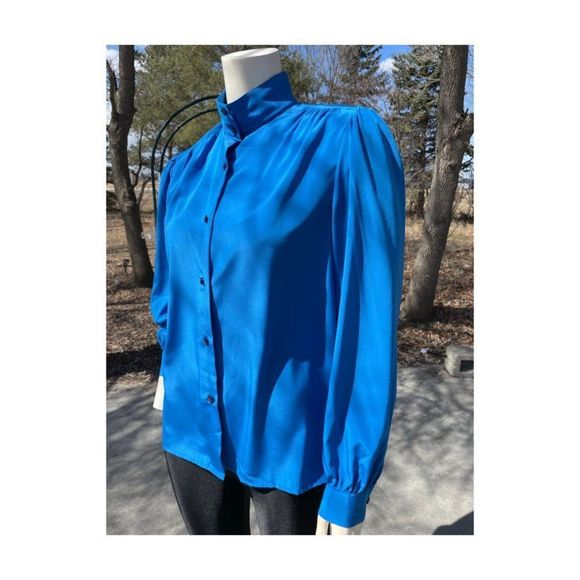 Vintage | 70s Electric Blue Blouse Statement Balloon Sleeve Secretary Office - Picture 3 of 12